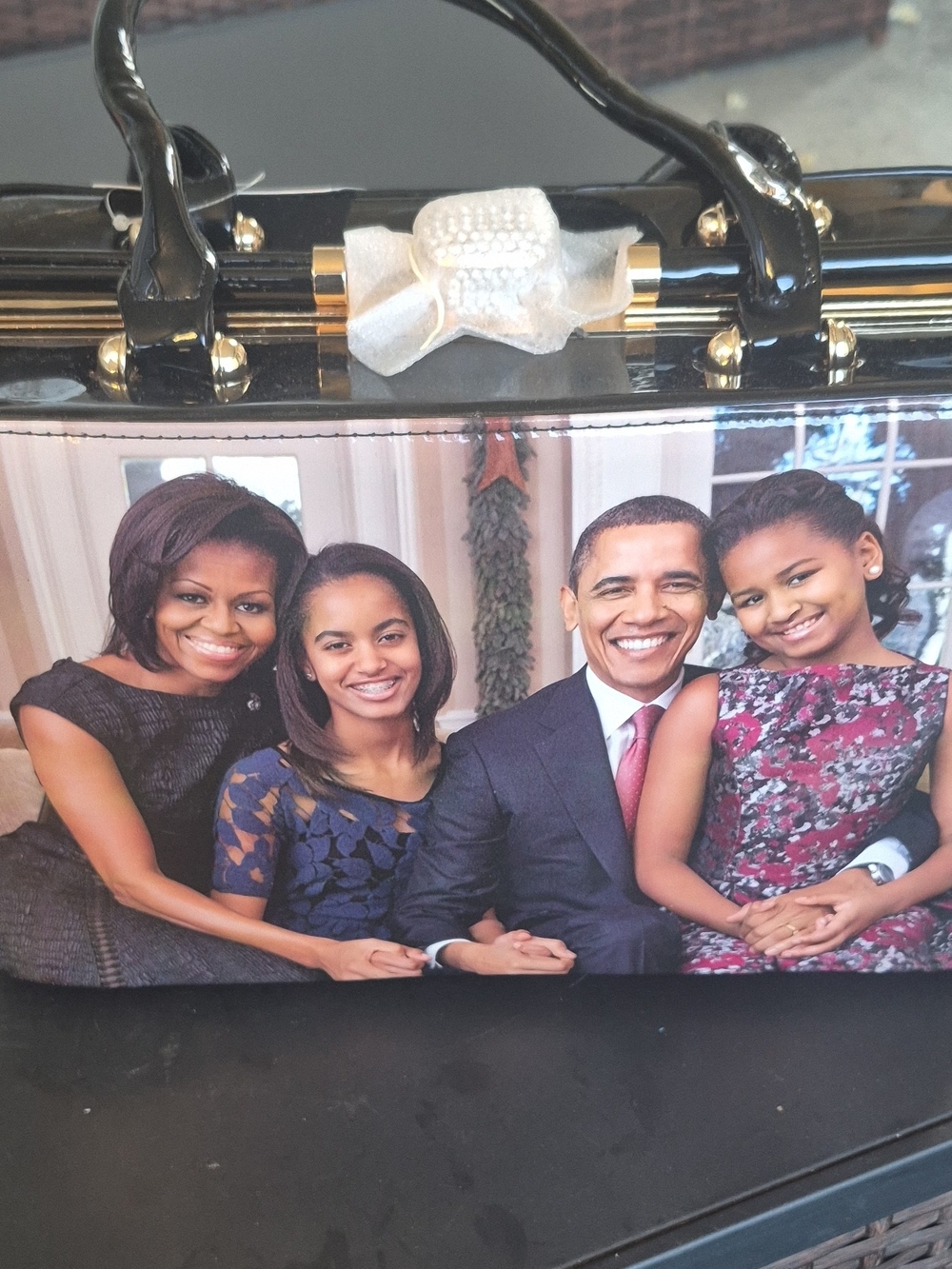 Glossy Patent Satchel with Obama Family Photo Panel